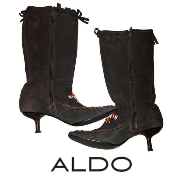 Aldo Suede Brown Moccasin Style Heel Boots - Picture 1 of 8